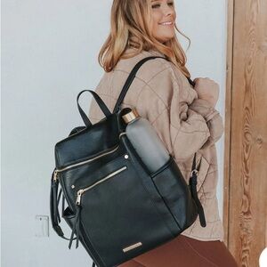 Elegant Black Vegan Leather Backpack—Poppy and Peonies Commuter